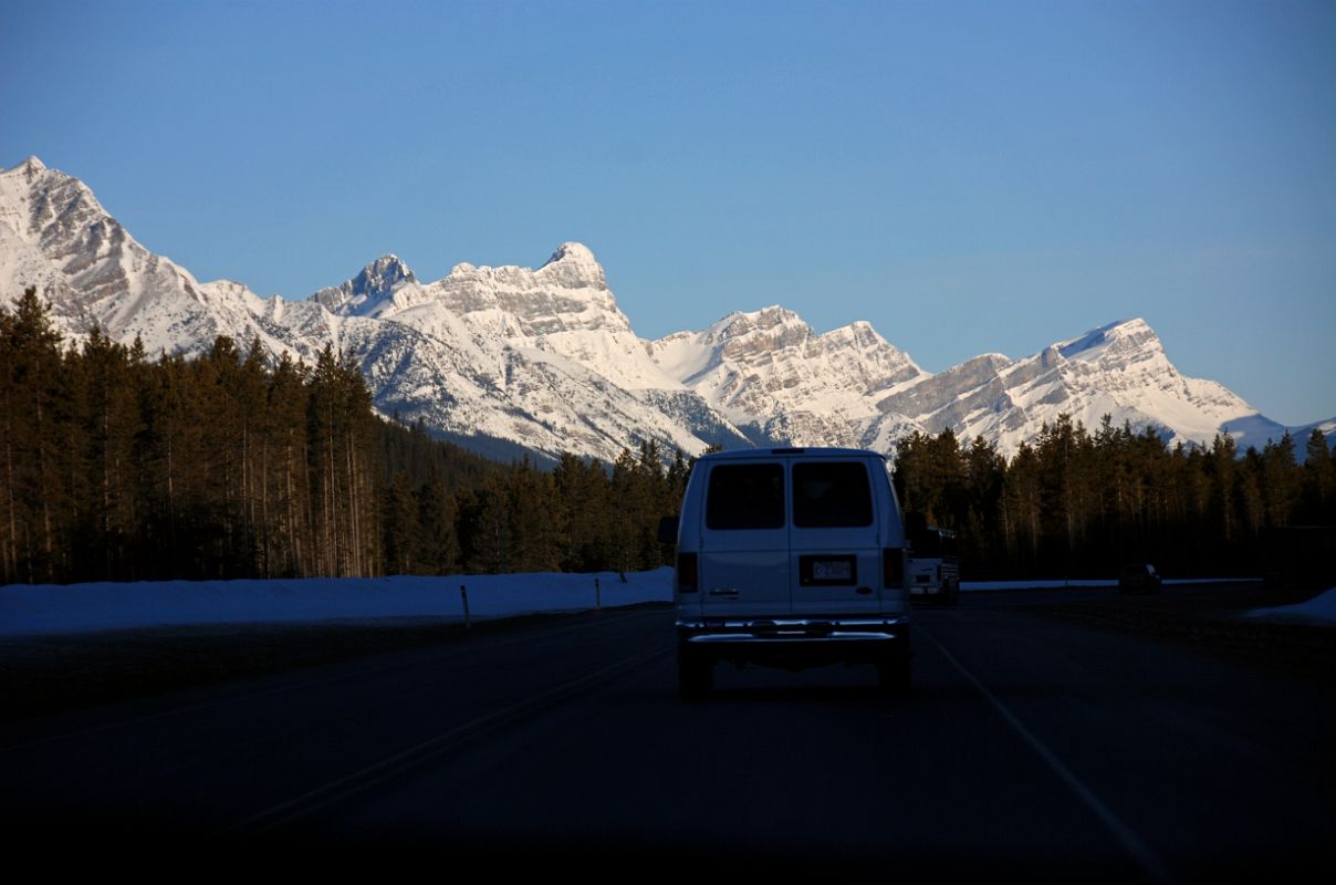 08 Waputik Peak, Pulpit Peak, Crowfoot Mountain, BowCrow Peak Morning From Trans Canada Highway At Lake Louise Near The Icefields Parkway